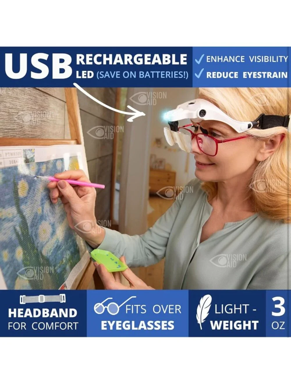 Vision Aid USB Rechargeable LED Head Magnifier Hands-Free